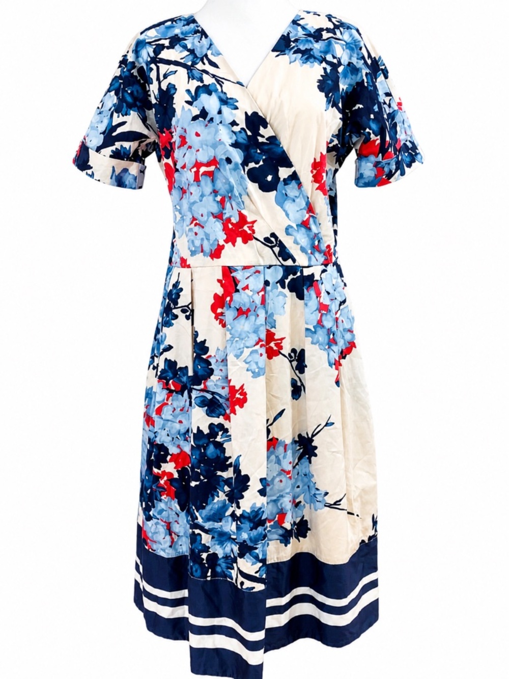 Lands’ End Floral Wrap Dress Size 10 Blue Red Cotton Midi Short Sleeve Classic